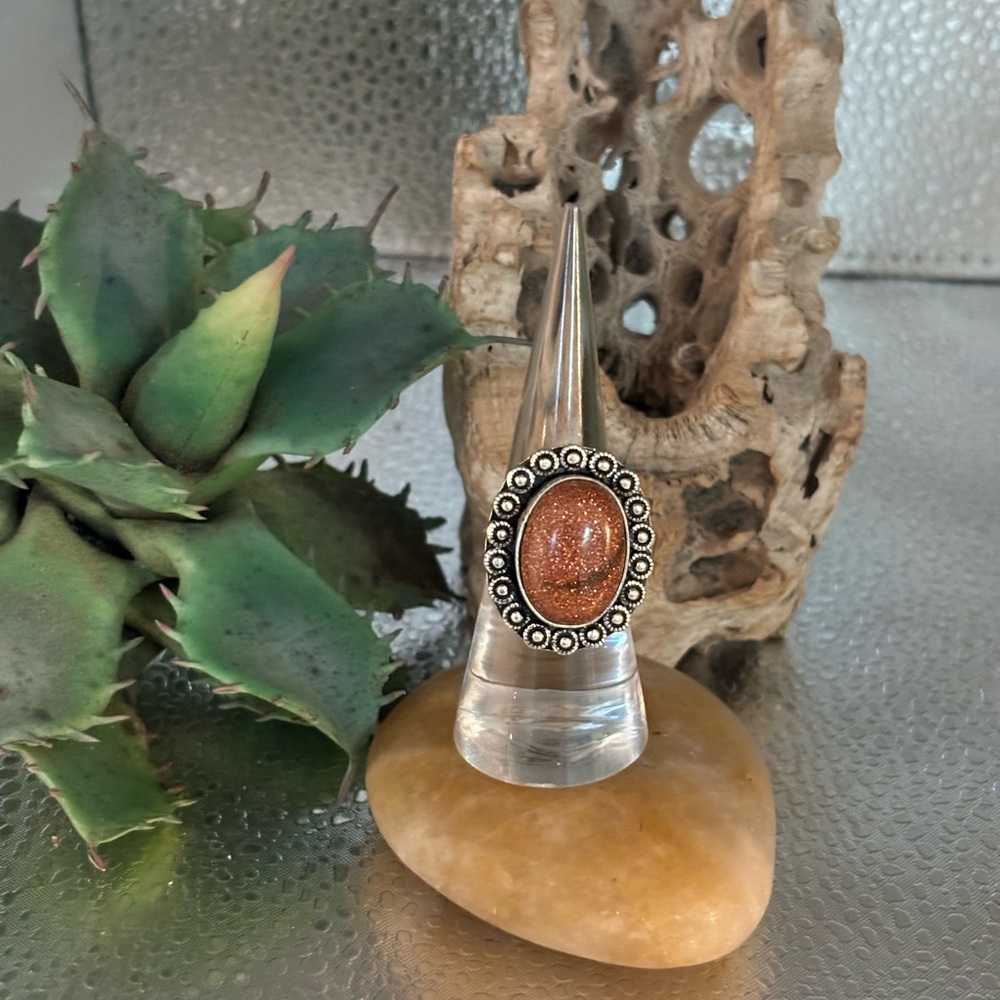 Size 7 Bohemian Silver Ring with goldstone sparkly Stone